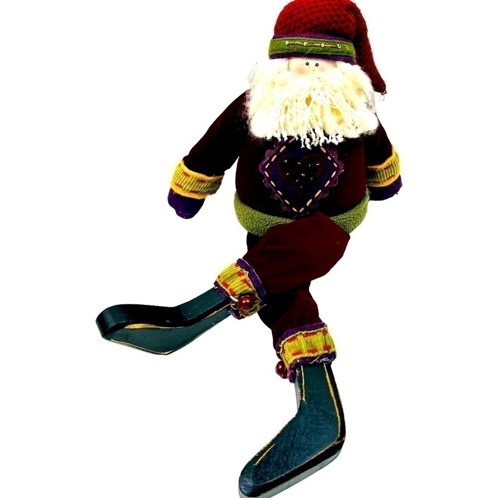 PRIMITIVE Santa Clause Shelf Sitter Christmas Decor Wooden Boots Fuzzy Beard 17”